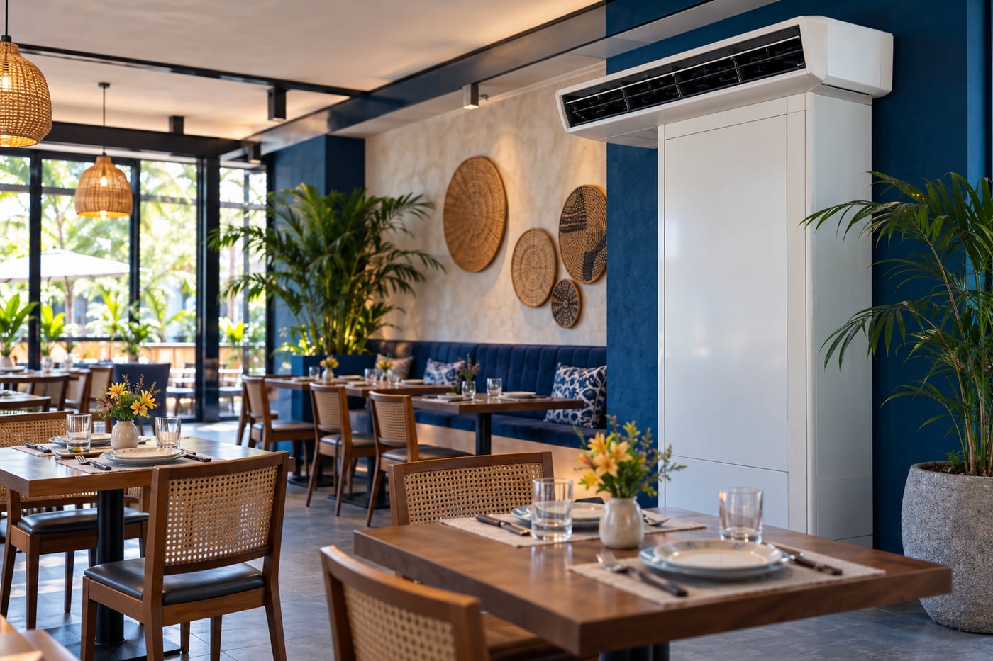 Restaurante com aparelho de ar-condicionado instalado na parte superior da parede