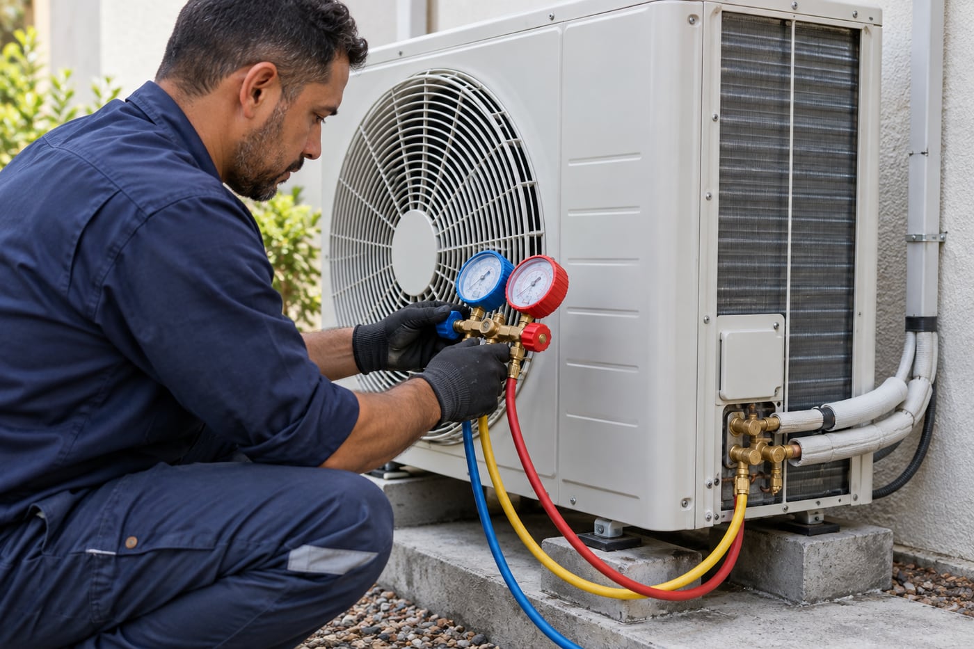 Técnico verificando uma condensadora externa com instrumentos de medição