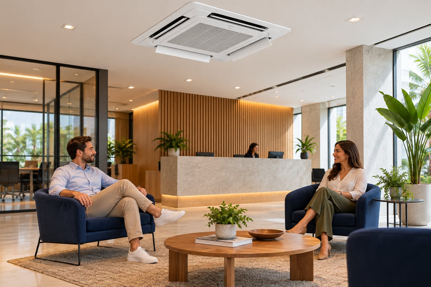 Ambiente de recepção climatizado por aparelho cassete no teto