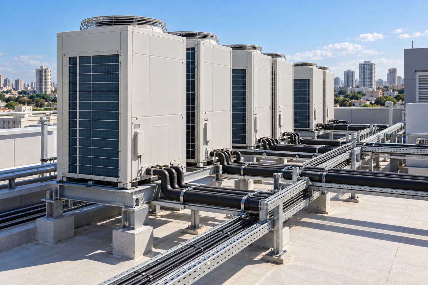 Conjunto de condensadoras de sistema de climatização de maior capacidade em cobertura técnica